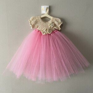 Handmade Cotton Crochet Beige Pink Tulle Doll Teddy Bear Tutu Dress